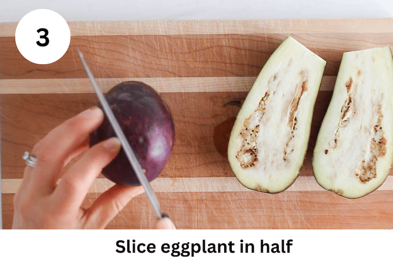 In process picture: slice the eggplant in half lengthwise.
