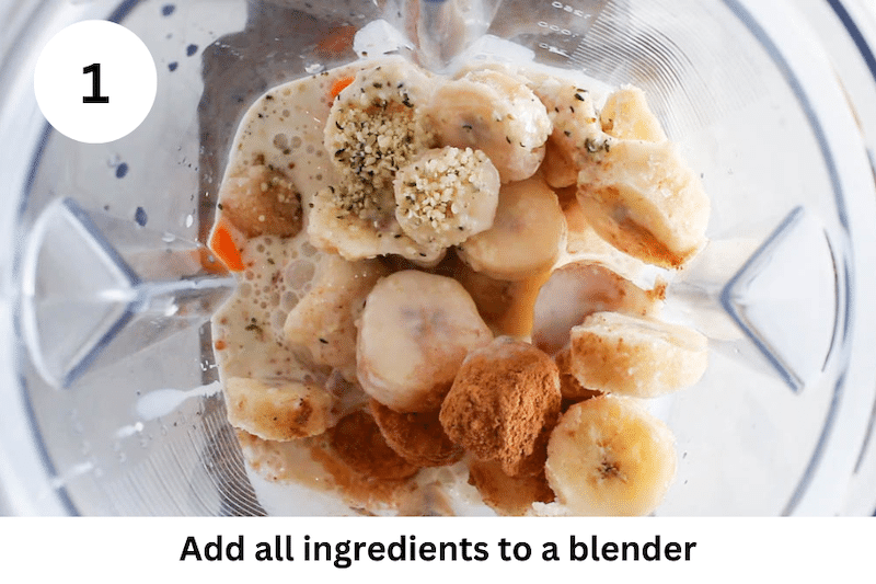 In process picture: ingredients in a blender.