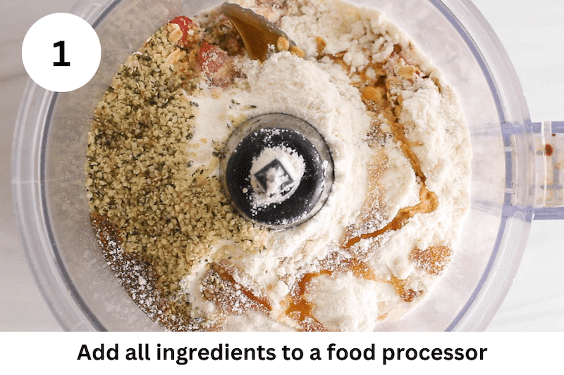 In process picture: ingredients for bliss balls in a food processor.