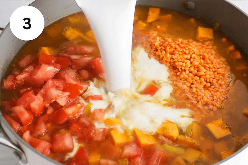 Adding coconut milk, vegetable broth, lentil and tomato to a large pan.