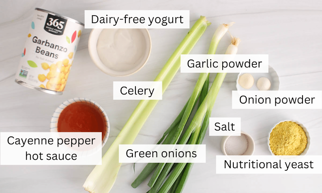 Showing are the ingredients needed to make a buffalo chickpea dip.