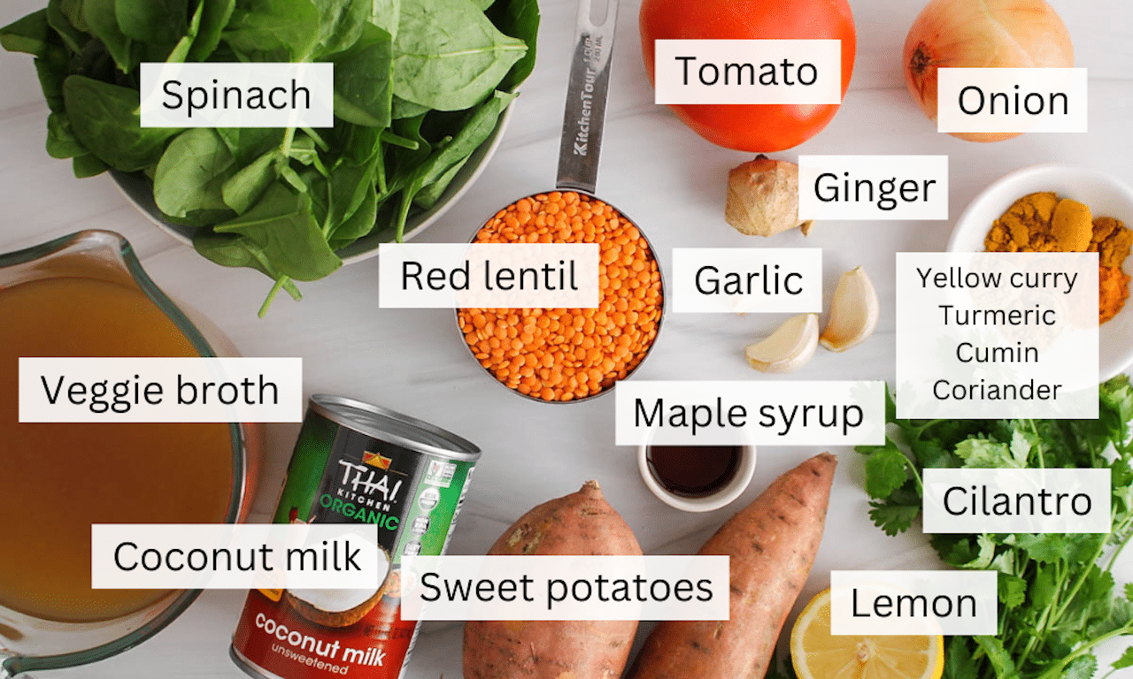 Ingredients to make a sweet potato red lentil dhal on a table.