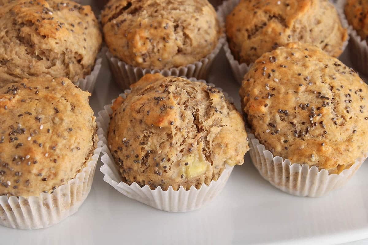 Banana chia muffins on a white plate.