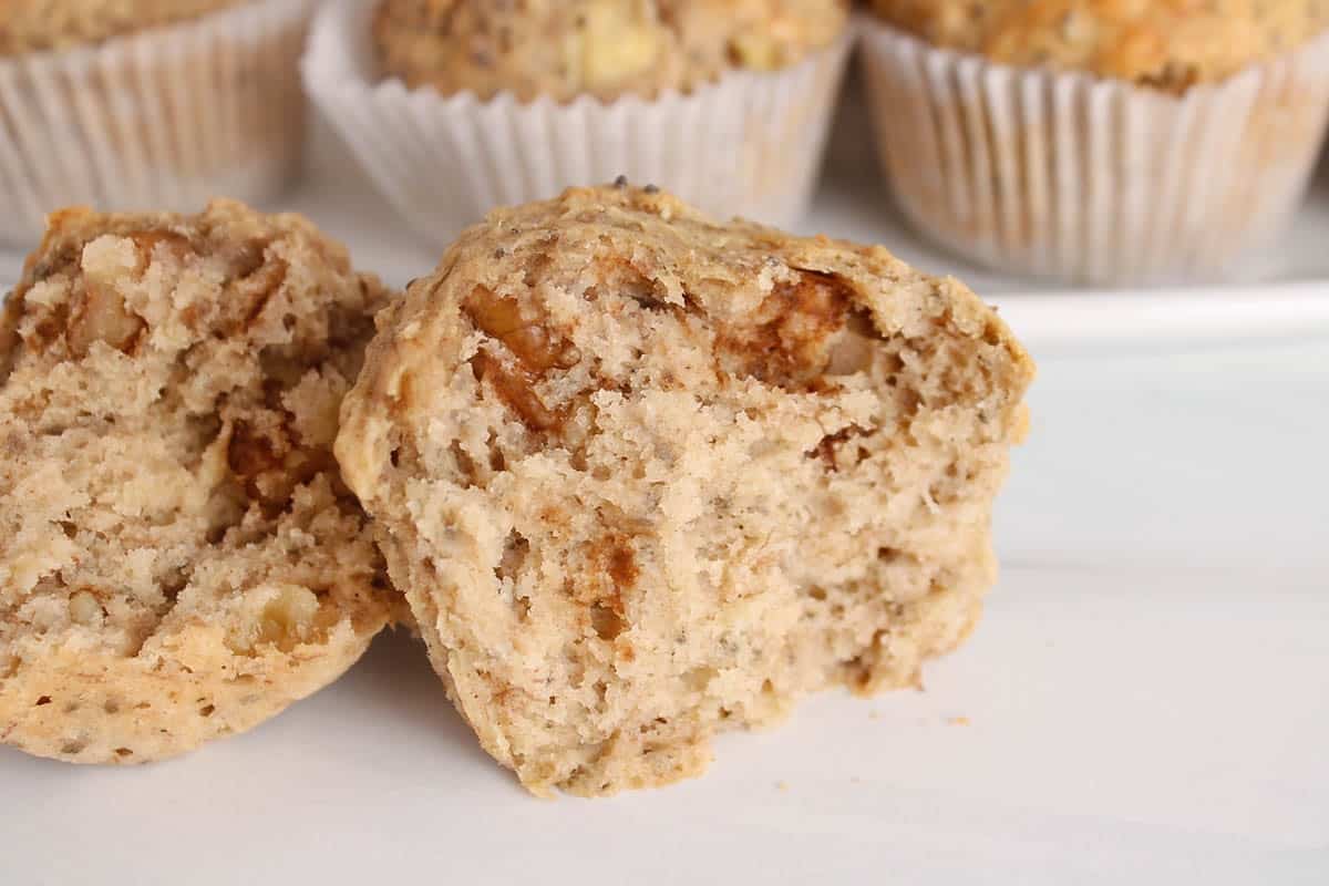 Banana chia muffins sliced in half.