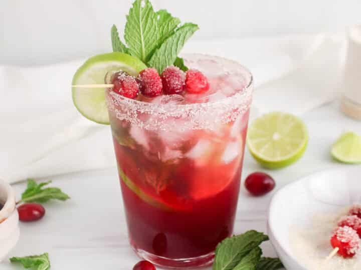 Non-alcoholic cranberry juice mocktail filled with ice cubes, lime wedges, fresh cranberries and mint.