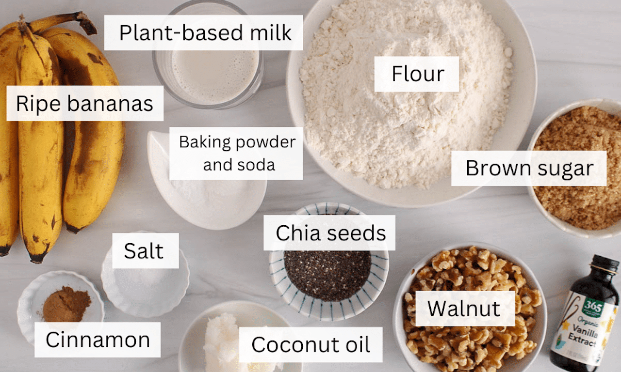 Ingredients to make banana chia muffins on a white table.