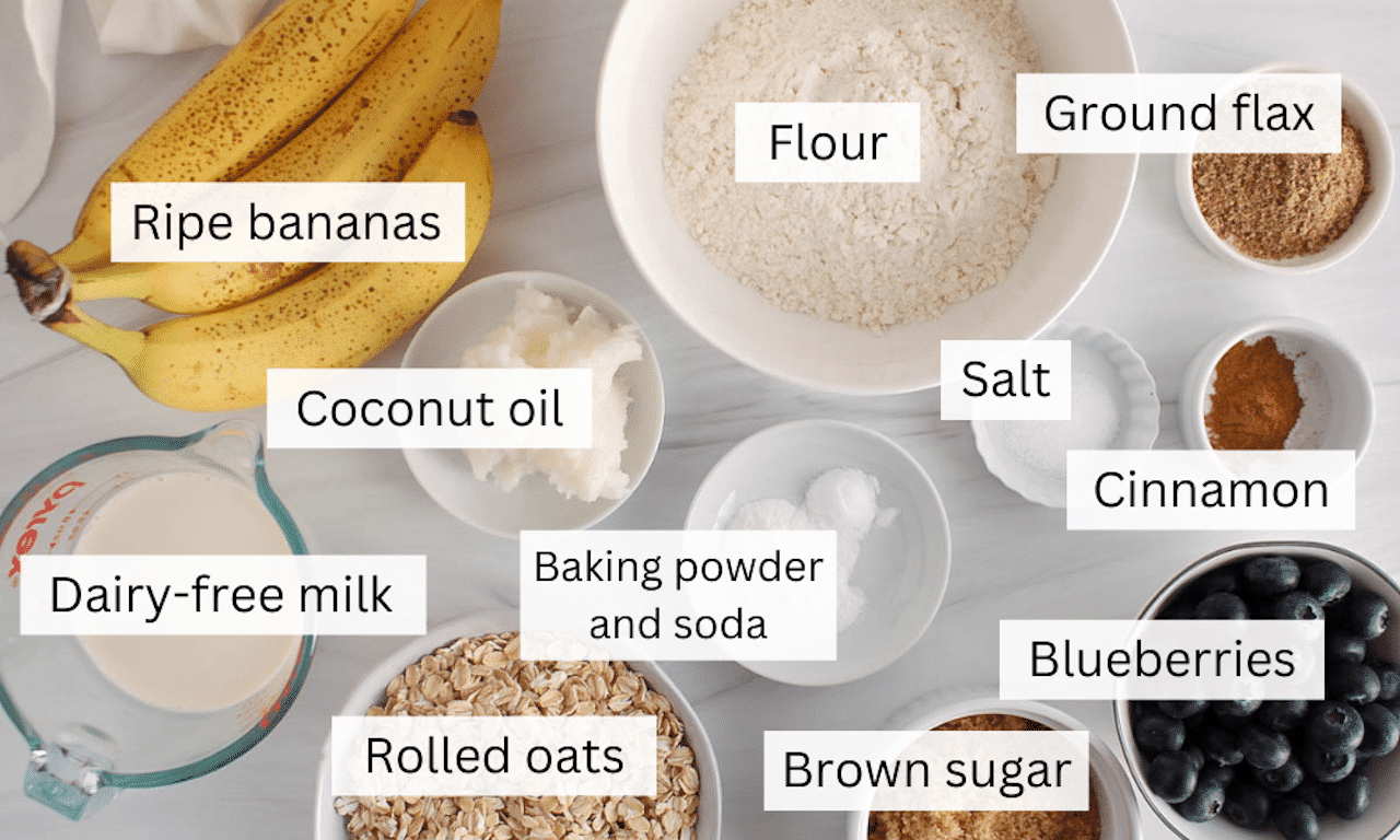 Ingredient to make banana blueberry oatmeal muffins on a table.
