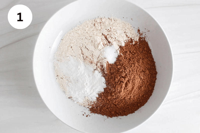 Flour, cacao powder, baking powder and salt in a bowl.
