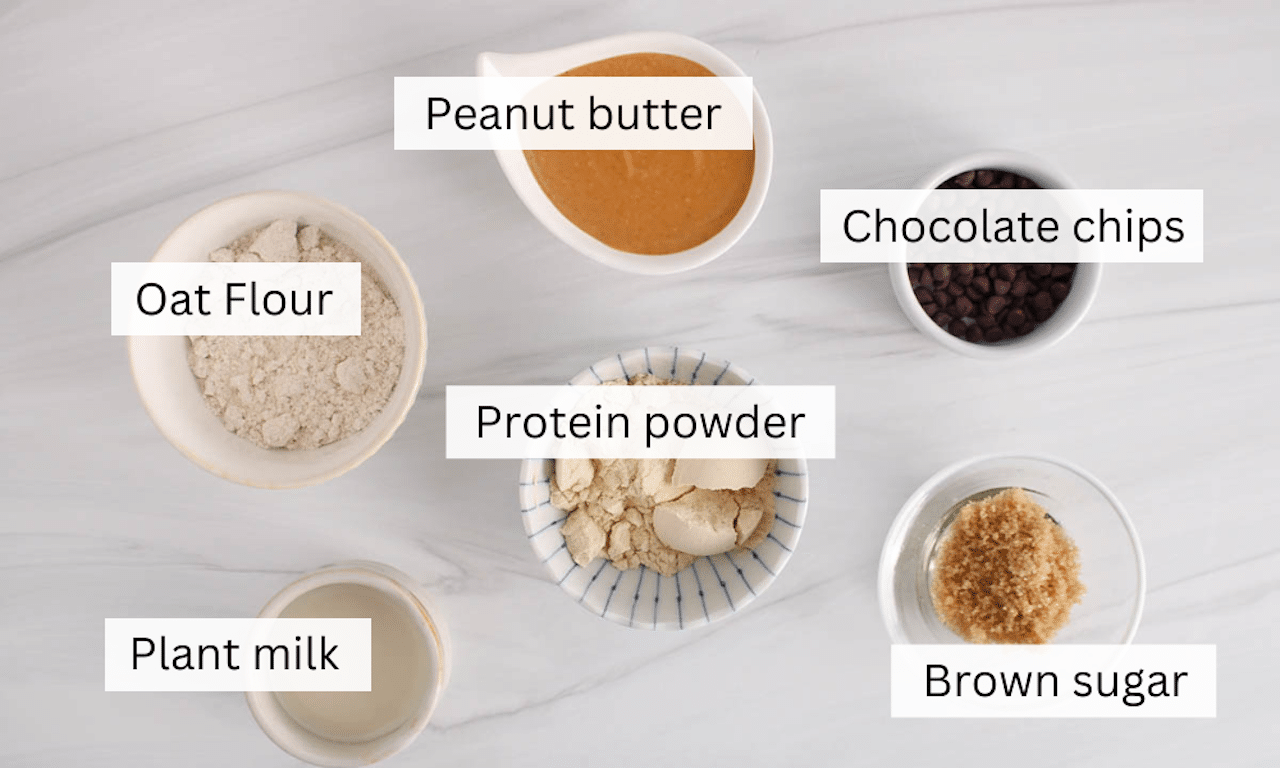 Showing the ingredients needed to make single serve protein cookie on a table.