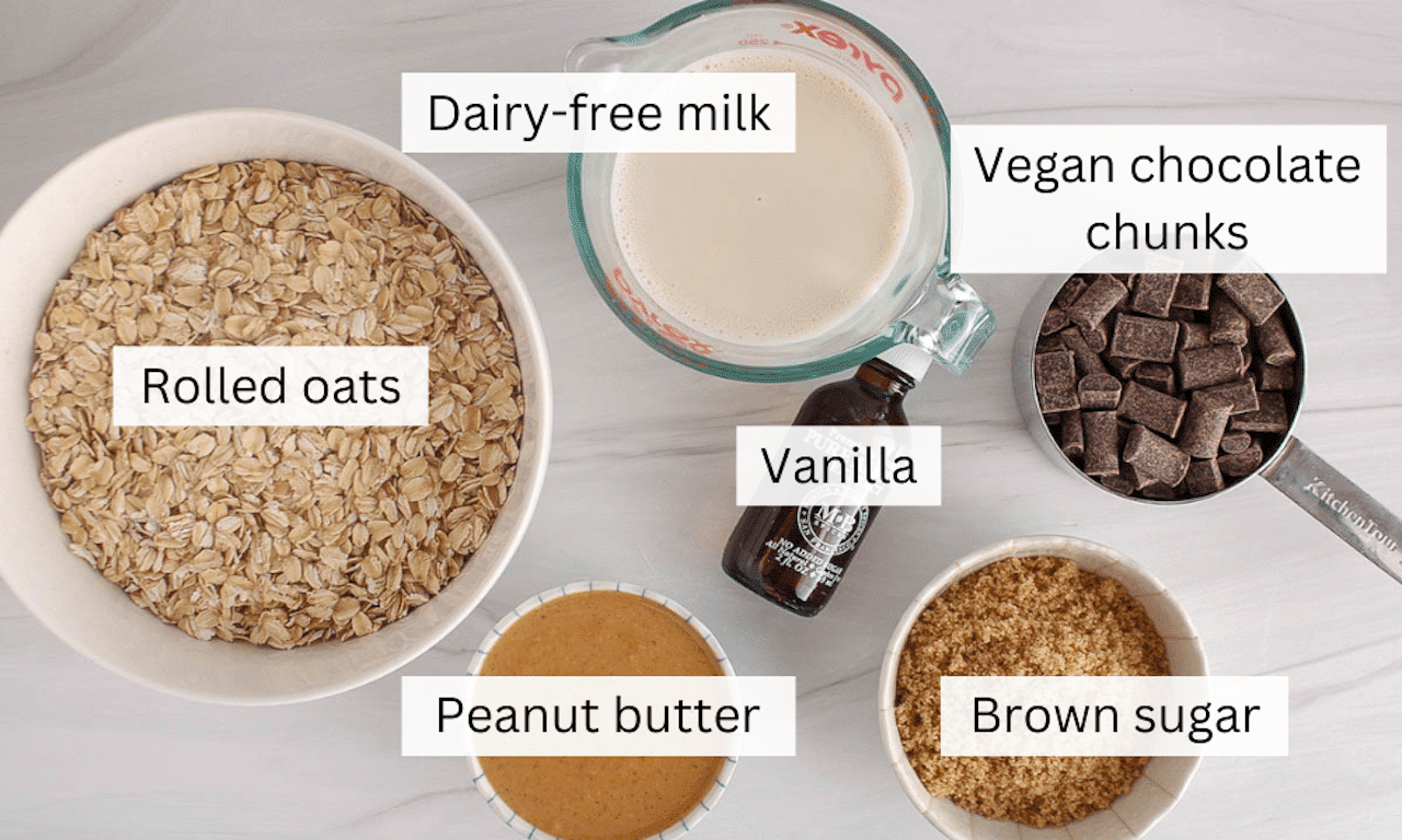 Ingredients to make no bake chocolate peanut butter oatmeal bars placed on a table.