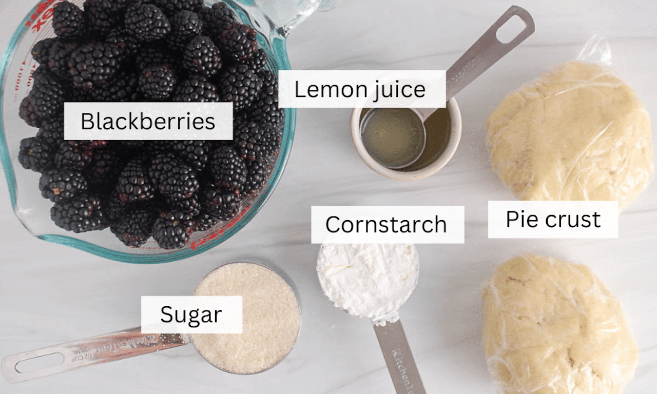 Ingredients to make a vegan blackberry pie placed on a white counter.