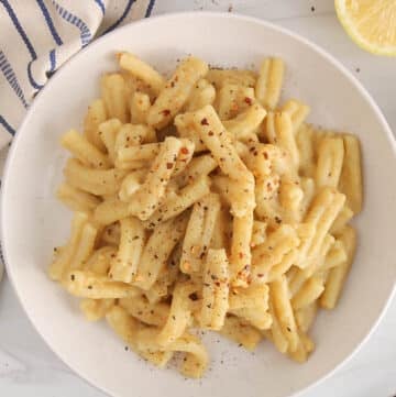 A white plate of noodles tossed in a vegan chickpea pasta sauce.