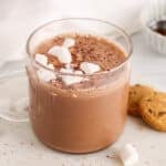 A mug of dairy-free high-protein hot chocolate garnished with mini marshmallow.