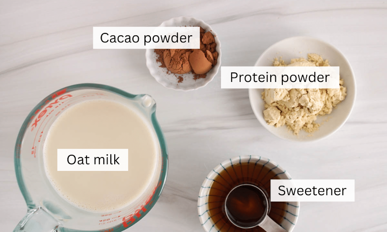 Showing the ingredients needed to make high-protein hot chocolate.