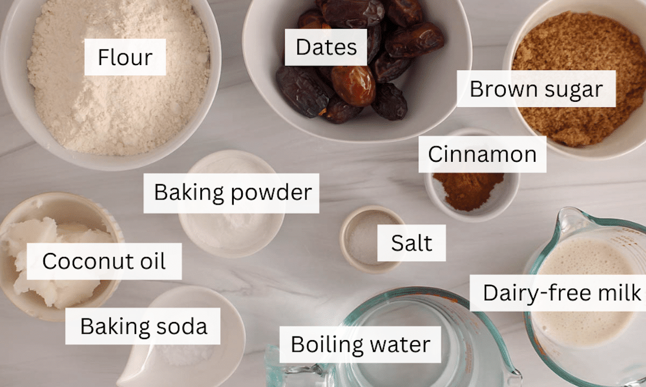 Showing are the ingredient needed to make a vegan date cake.