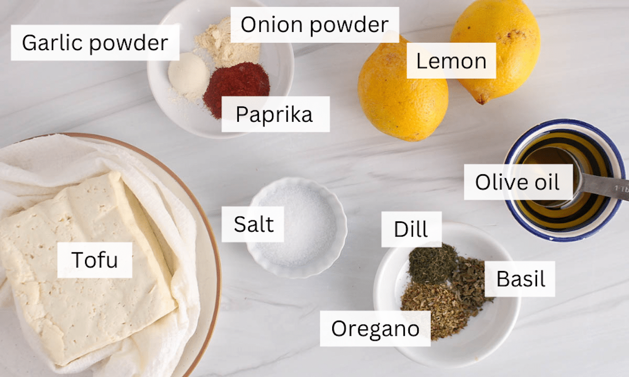 Showing are the ingredients needed to make vegan tofu souvlaki.