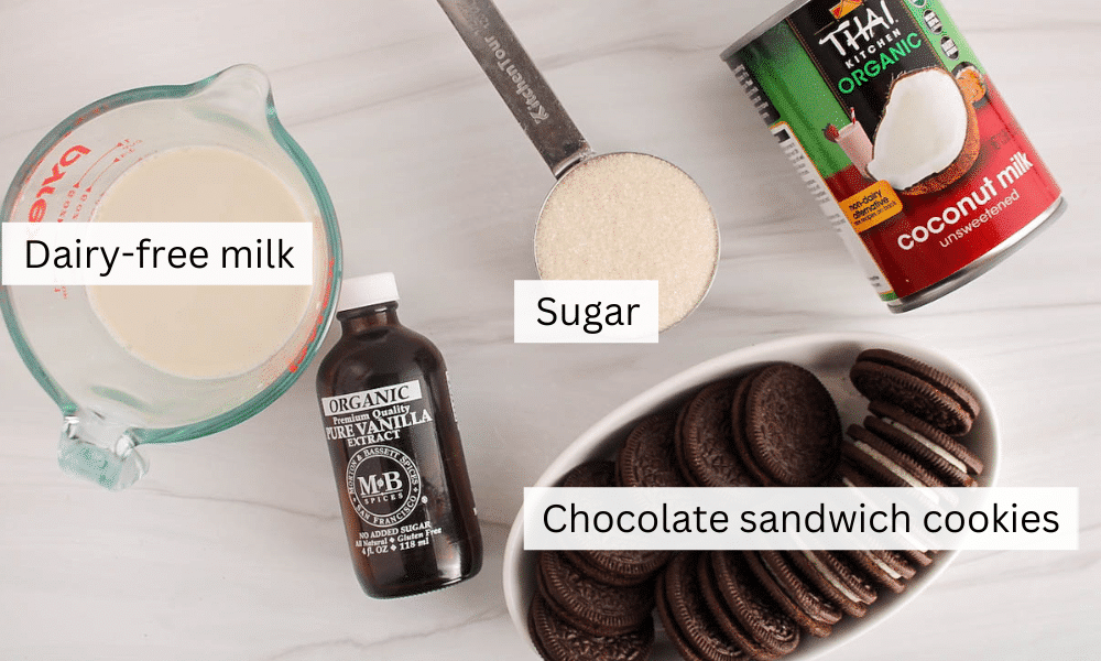 Showing are the ingredients needed to make vegan cookie and cream ice cream.