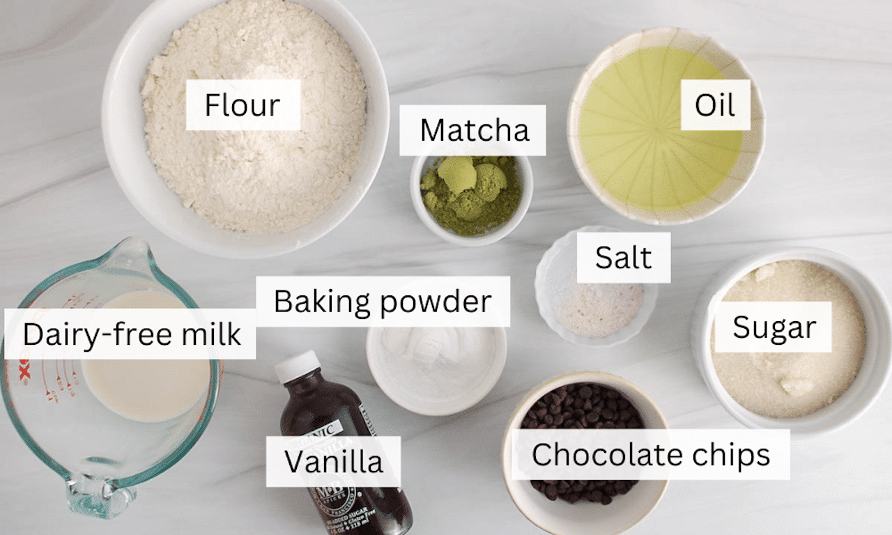 Showing are the ingredients needed to make vegan chocolate chip matcha cookies.
