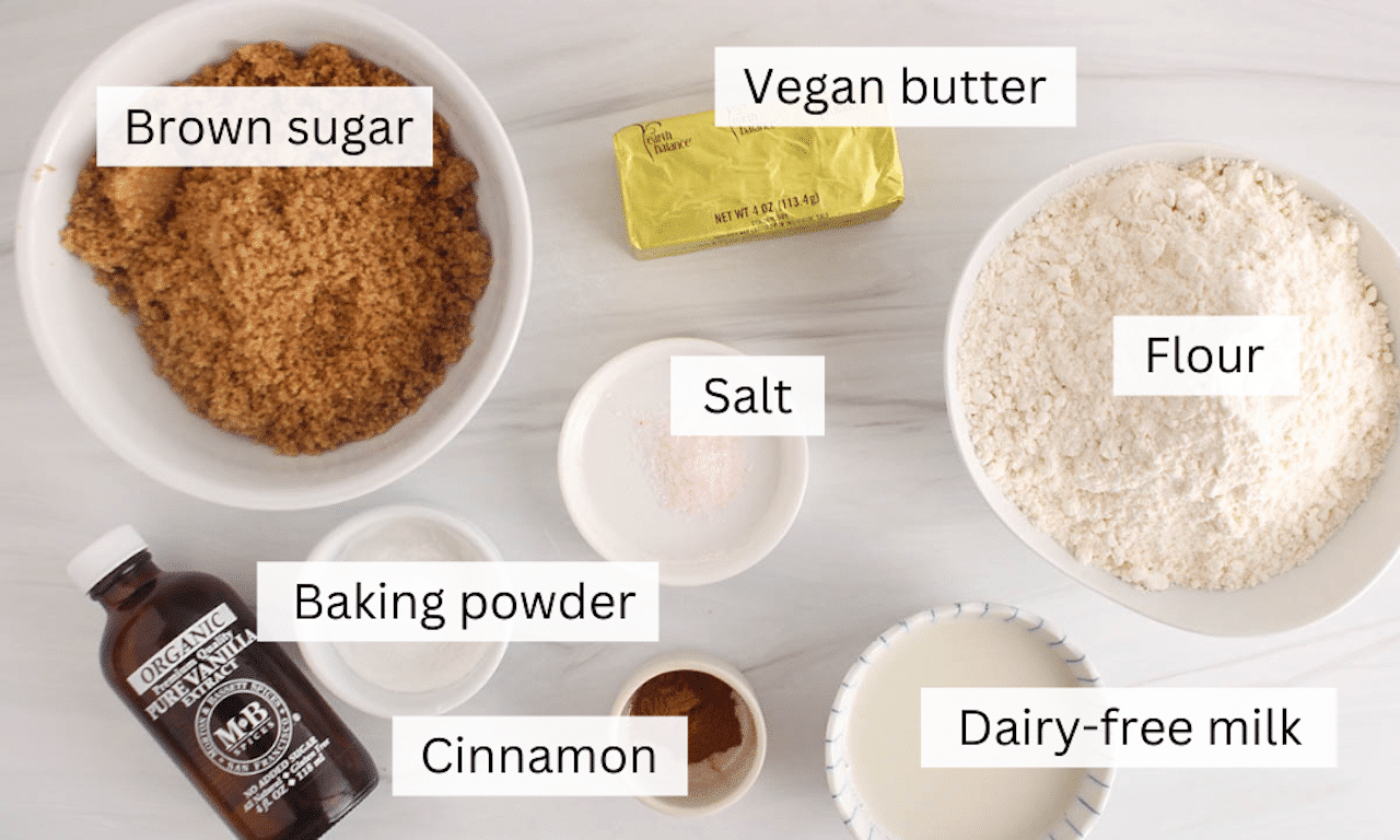 Showing are the ingredients needed to make vegan brown sugar cookies.