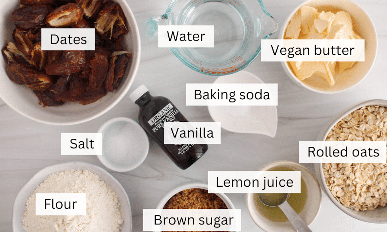 Showing are the ingredients needed to make vegan date squares.