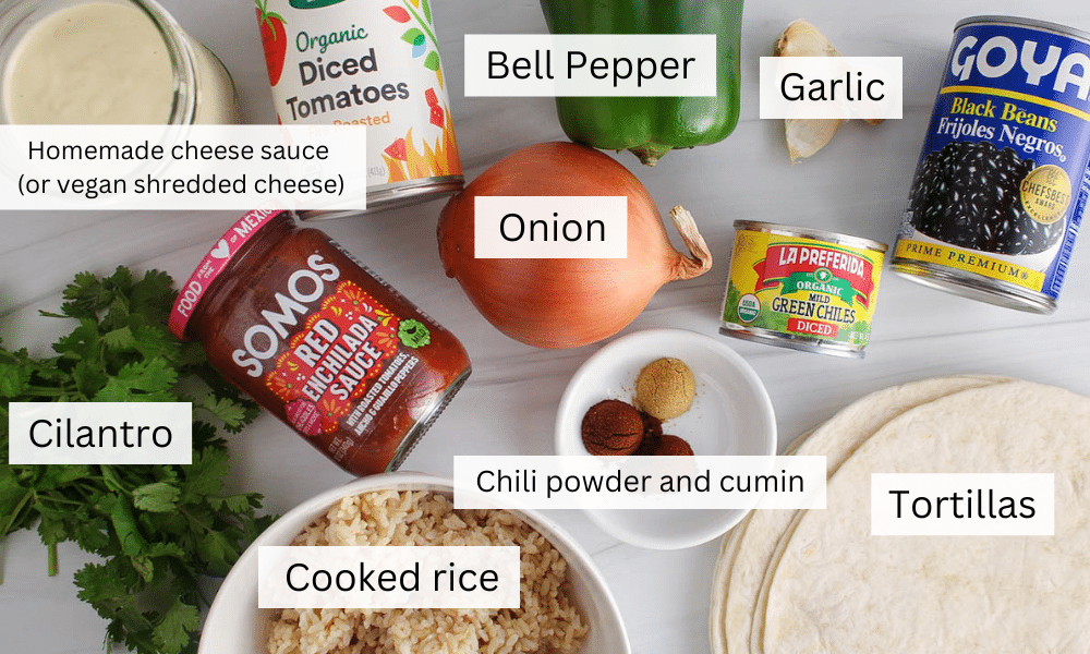 Showing are the ingredients needed to make bean and rice enchiladas.
