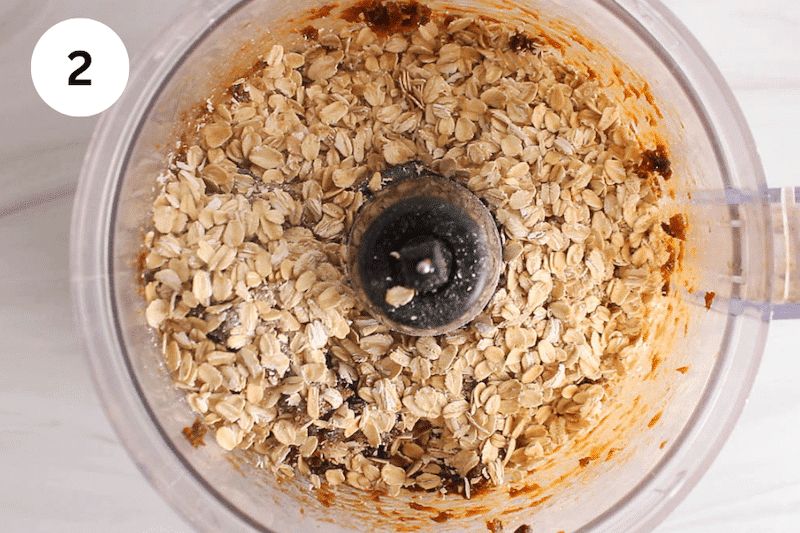 Food process filled with dried apricot and rolled oats.