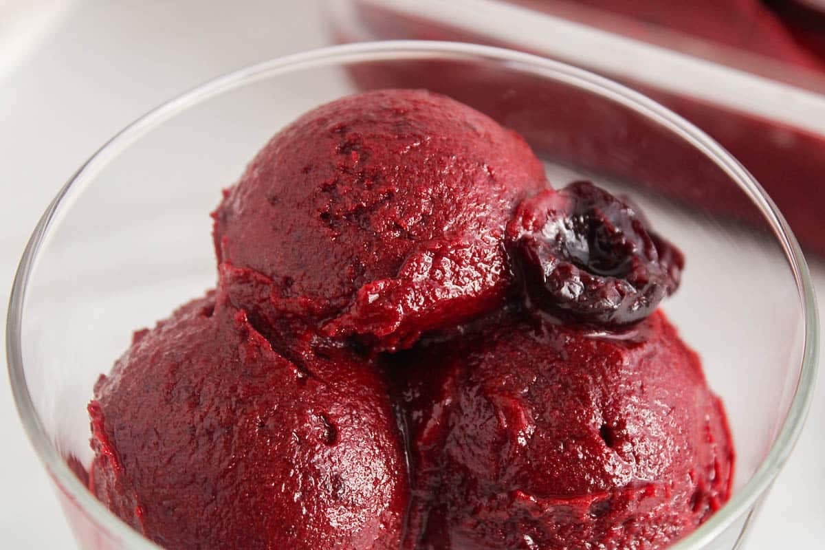 Sugar-free cherry sorbet in a glass bowl.