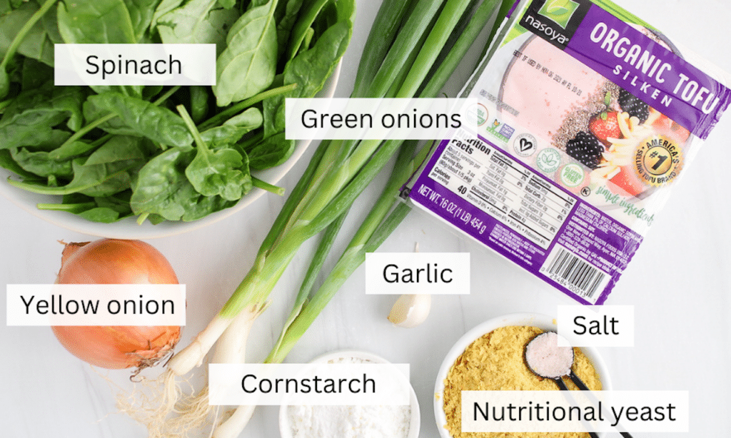 Showing are the ingredients needed to make vegan spinach quiche.