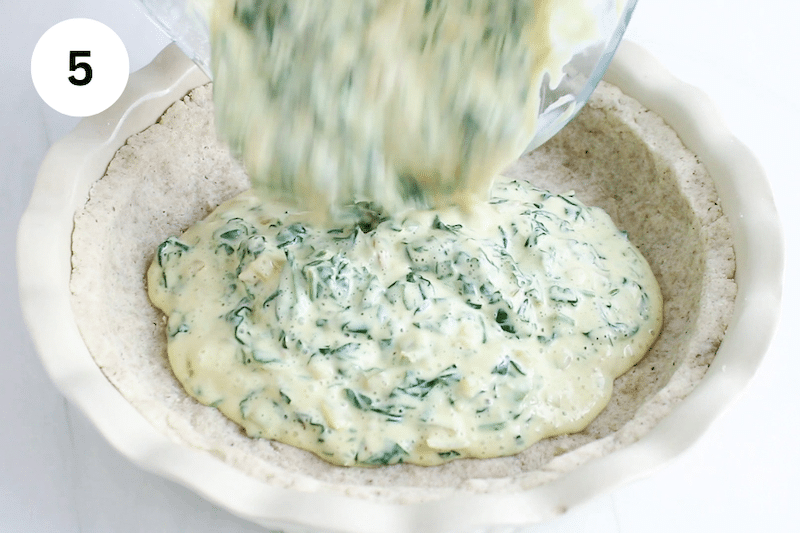 Pie mixture pouring into a pie crust.