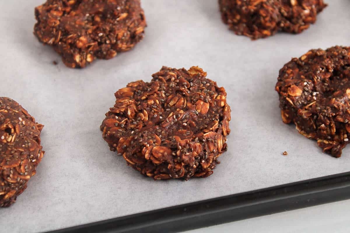 A no bake protein cookie on a baking sheet.
