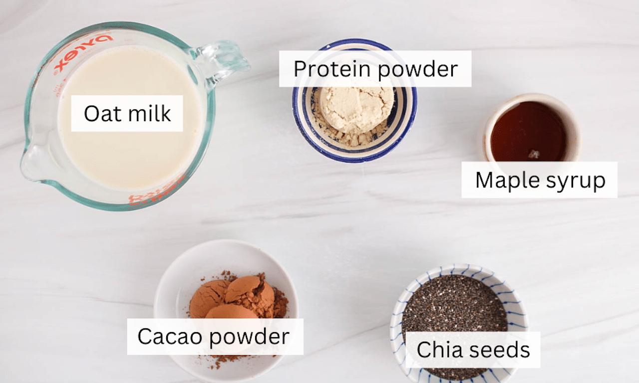 Showing are the ingredients needed to make blended chia pudding.