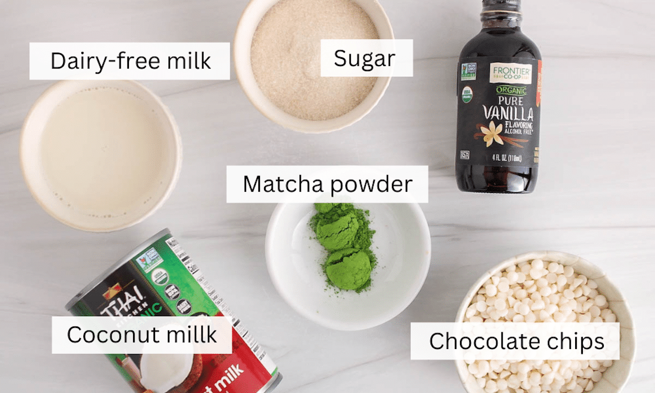 Showing are the ingredients needed to make vegan coconut matcha ice cream.