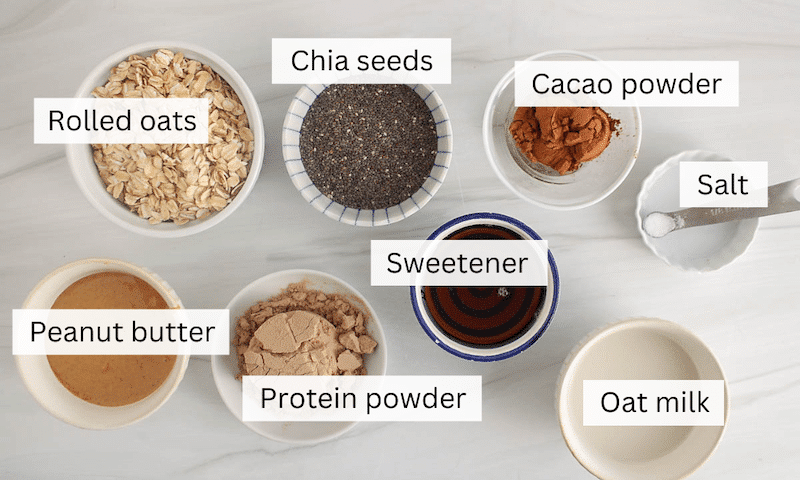 Showing the ingredients needed to make no bake protein cookies.