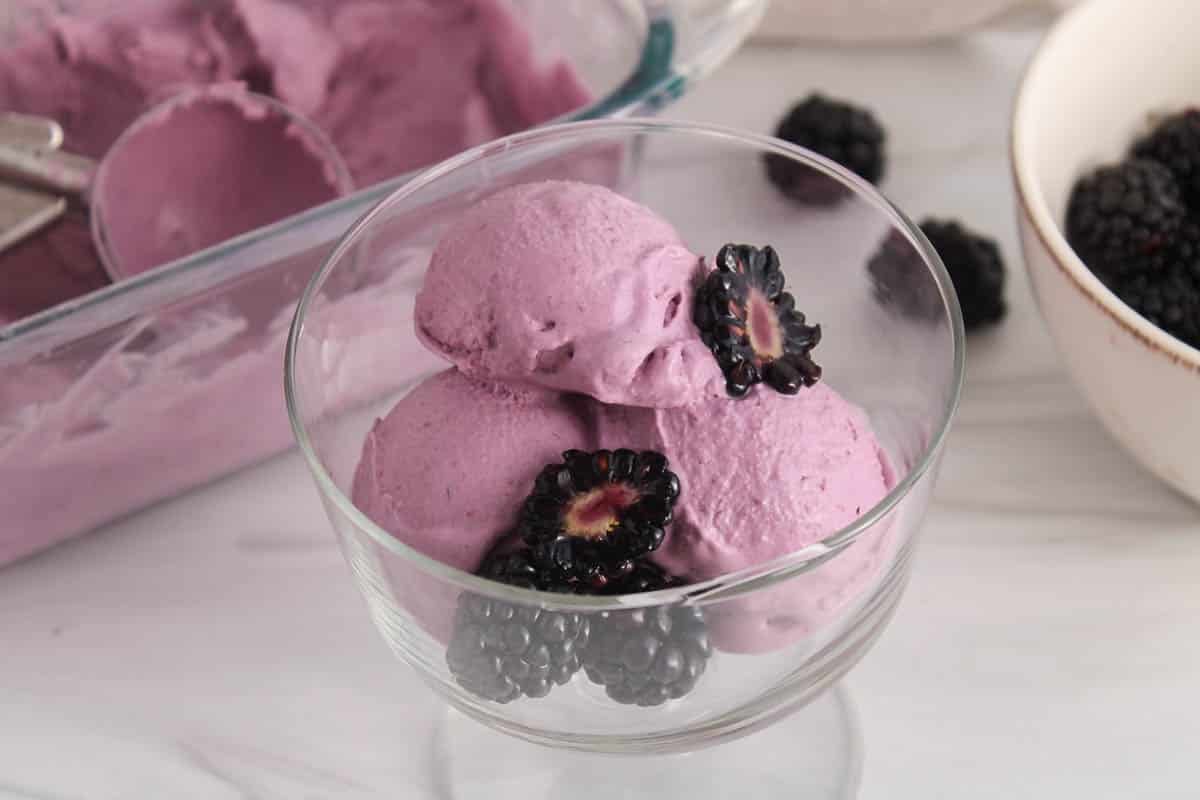 A glass bowl with a few scoops of vegan blackberry ice cream.