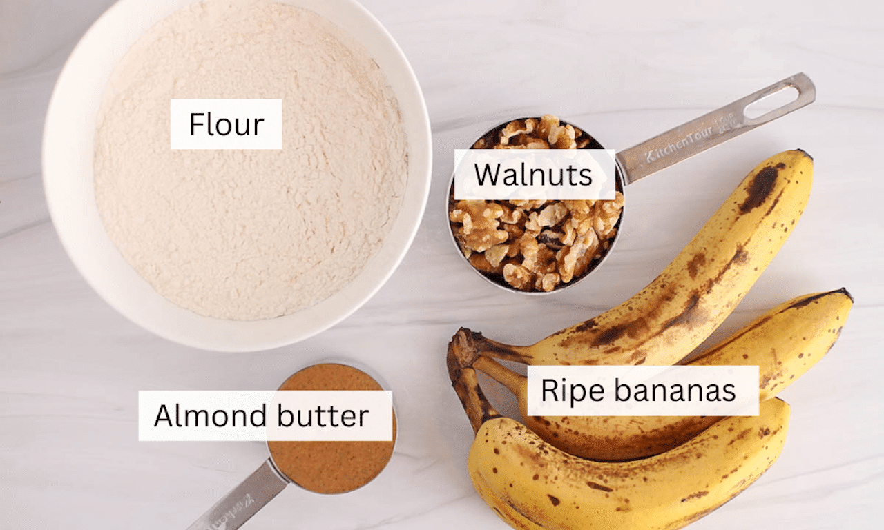 Showing are the ingredients needed to make a 4-ingredient banana nut bread.