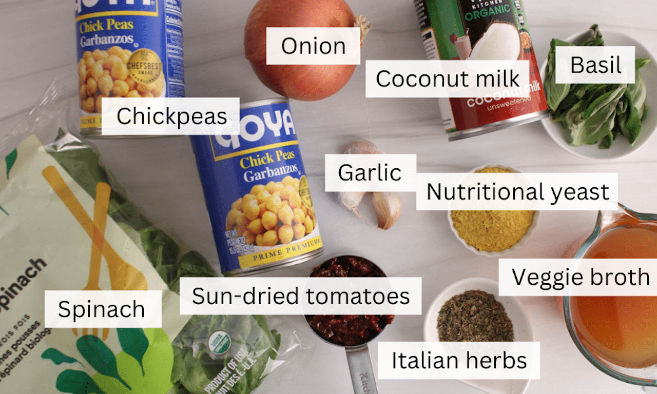 Showing are the ingredients needed to make Tuscan chickpeas.