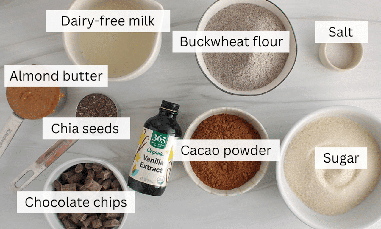 A table with the ingredients needed to make buckwheat brownies.