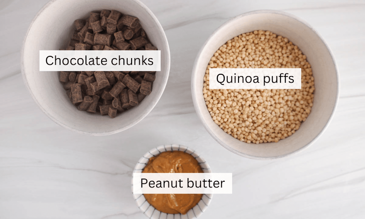 Showing are the ingredients needed to make chocolate quinoa bites.