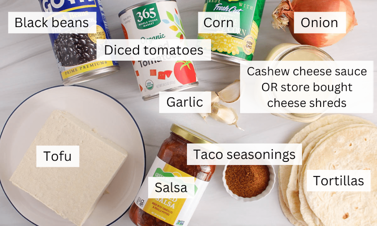 Showing are the ingredients needed to make a vegan taco casserole placed on a white surface.