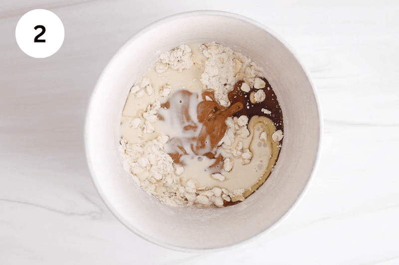 Dry ingredients with almond butter and milk.