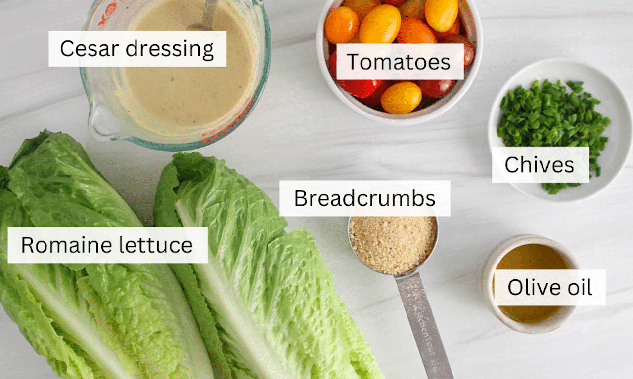 Showing are the ingredients needed to make Grilled Romaine Wedge Cesar Salad.