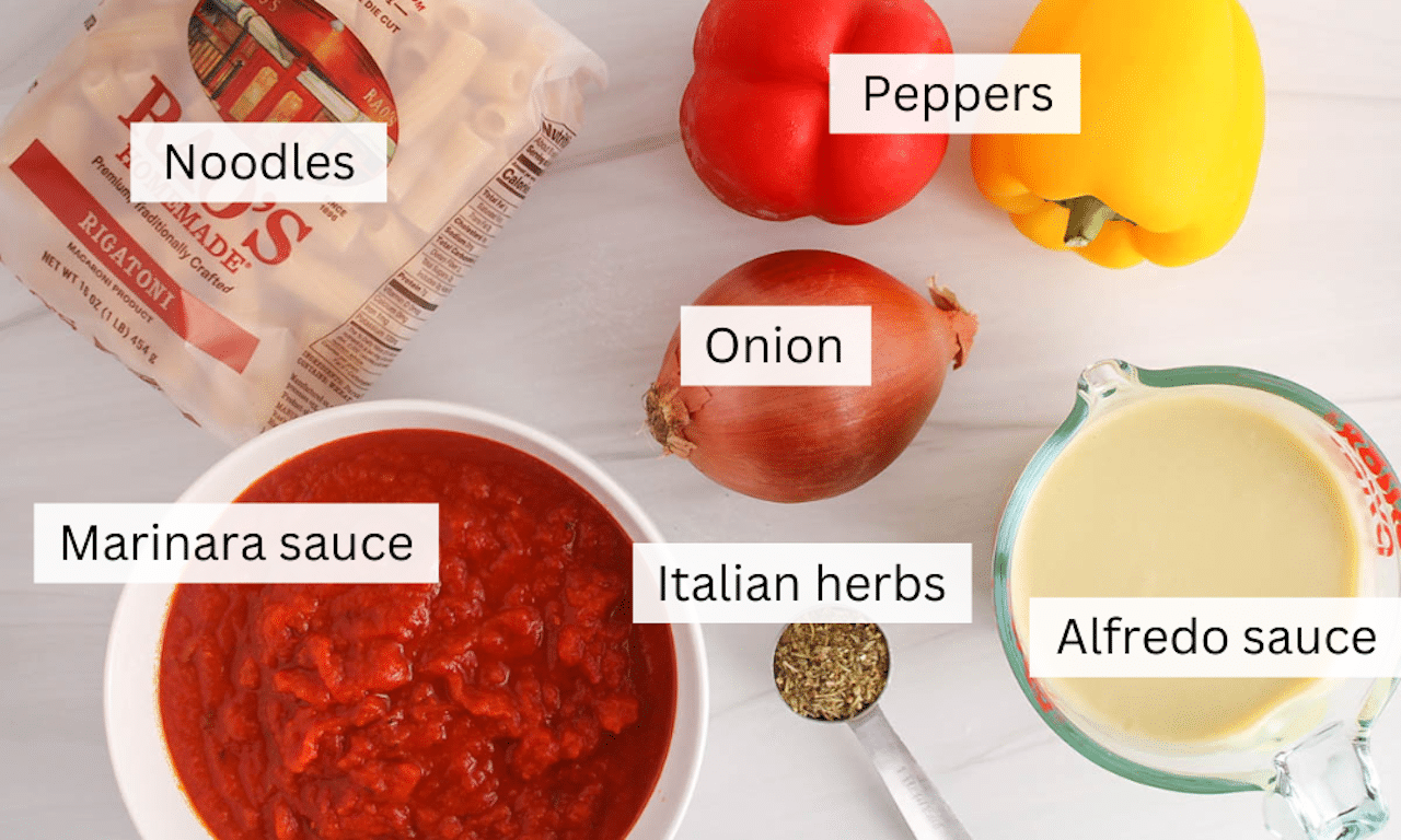 Showing are the ingredients needed to make a vegan pasta bake with marinara sauce and Alfredo sauce.