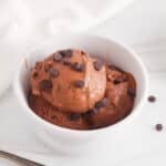 White bowl with a creamy vegan chocolate ice cream filled with chocolate chips.