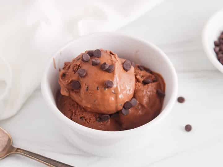 White bowl with a creamy vegan chocolate ice cream filled with chocolate chips.