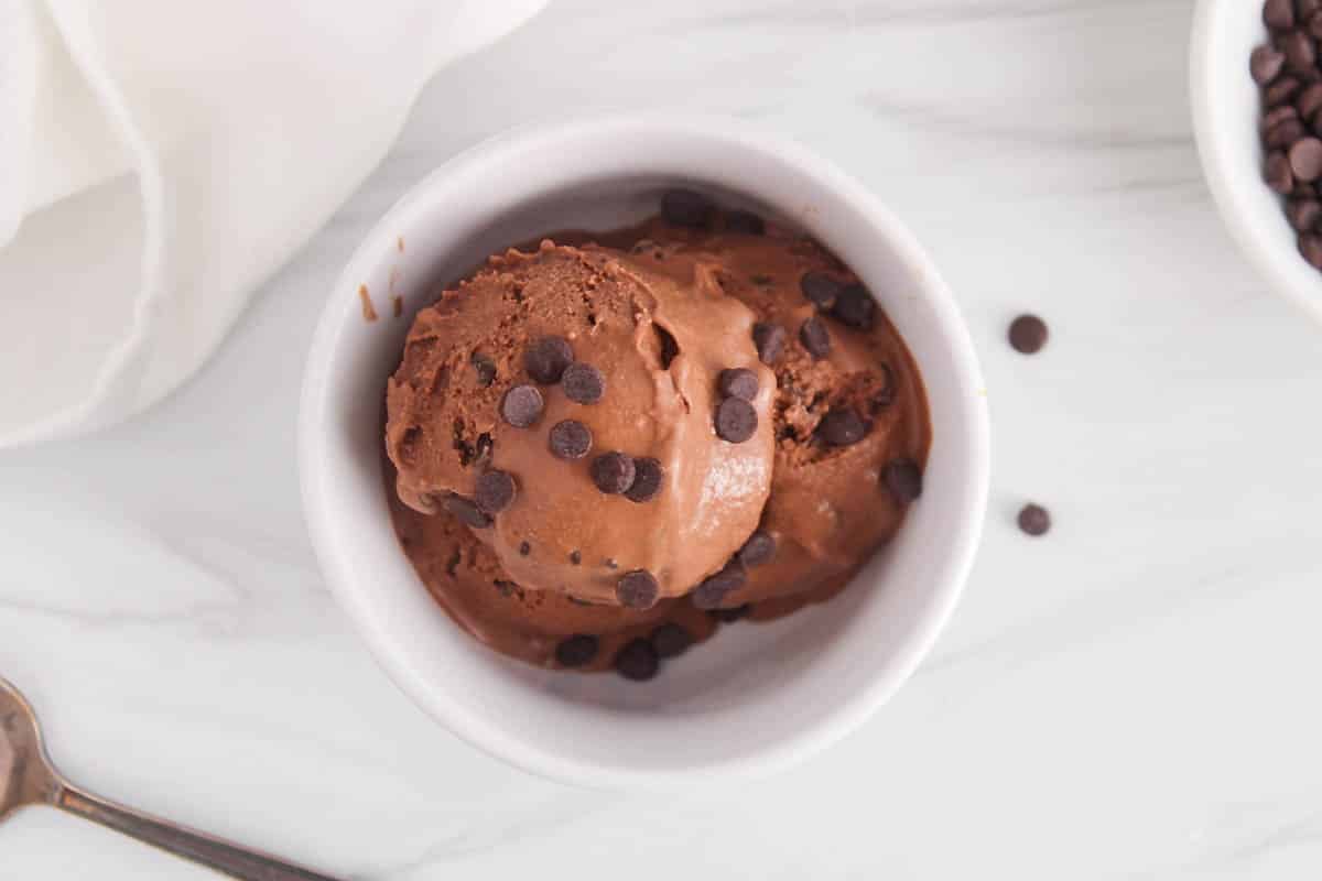 White bowl with a creamy vegan chocolate ice cream filled with chocolate chips.