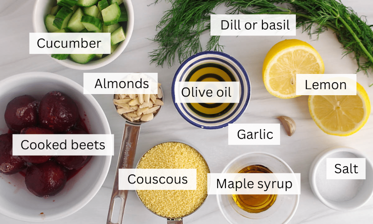 Showing are the ingredients to make a beet couscous salad.