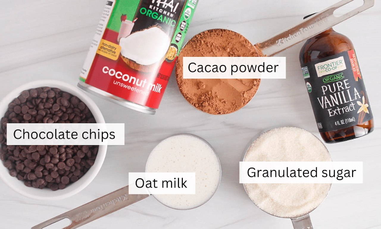Ingredients to make chocolate ice cream such as cacao powder, coconut milk and sugar.