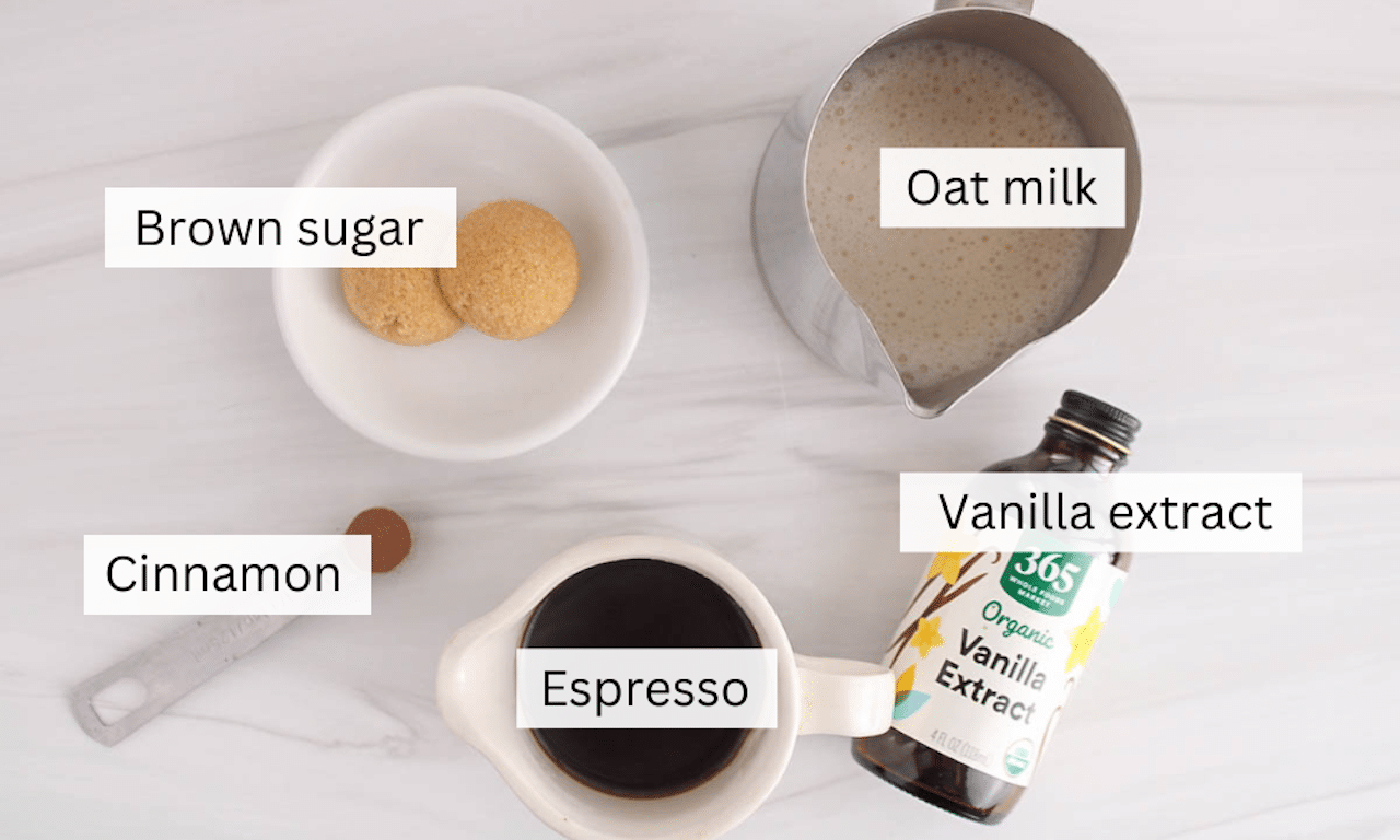 Showing are the ingredients needed to make oat milk brown sugar latte on a table.
